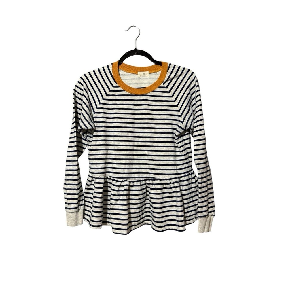 T.la Striped Peplum Top Gray Navy Long Sleeve Ruffle Hem Made In USA Size S